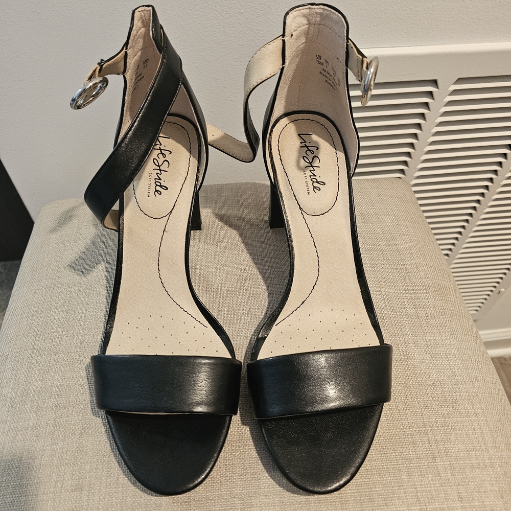 Life Stride Black Open-Toe Ankle Strap Block Heels